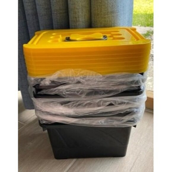 New 17 Quart Stackable Plastic Storage Bins with Yellow Lids, 6 Pack Black